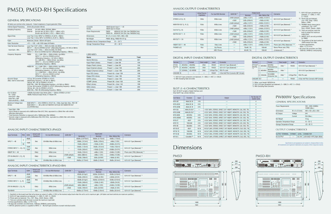 Yamaha Digital Mixing Console manual PM5D, PM5D-RH Specifications 