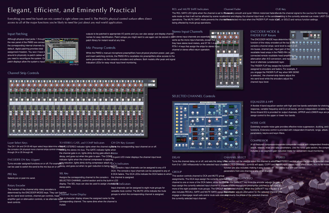 Yamaha PM5D manual Elegant, Efficient, and Eminently Practical, RCL and Mute Safe Indicators Channel Fader CUE Key 