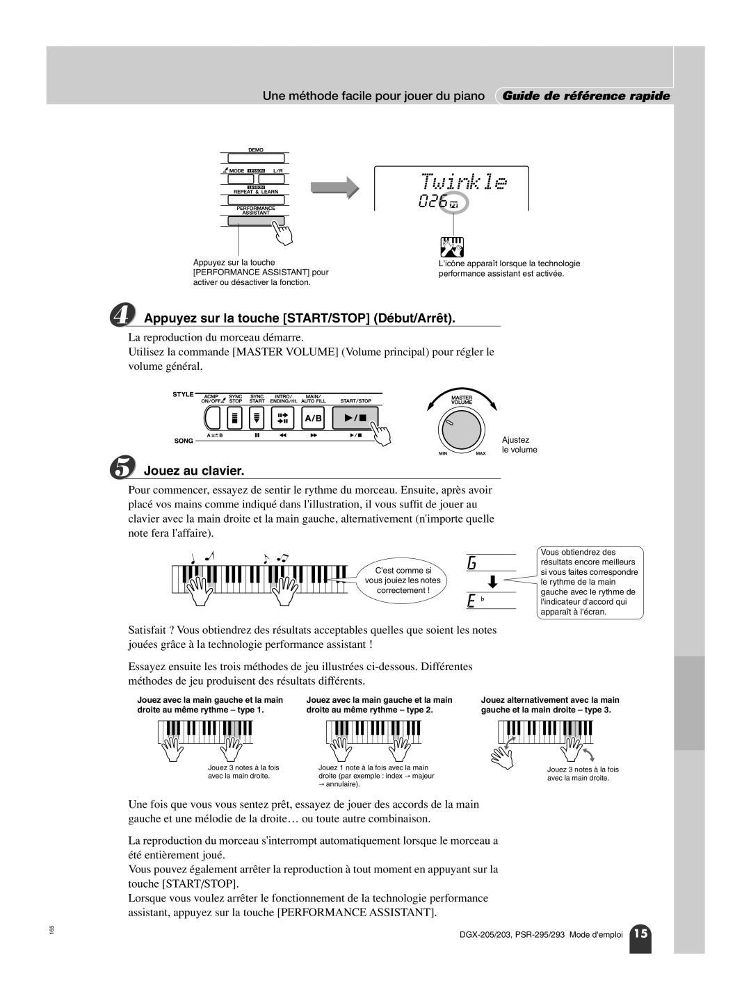 Yamaha PortableGrand DGX-203 owner manual Appuyez sur la touche START/STOP Début/Arrêt, Jouez au clavier, Ajustez le volume 