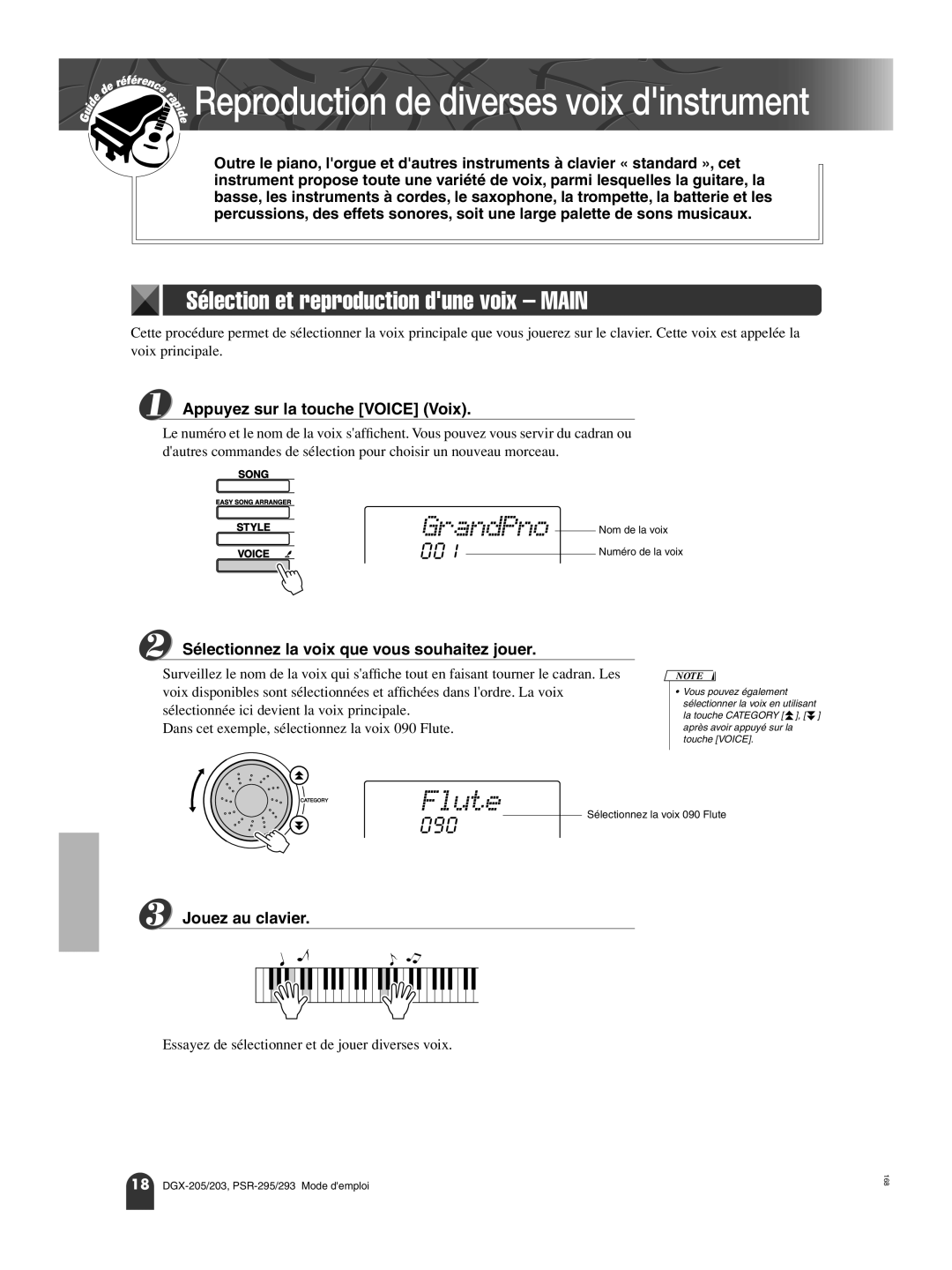 Yamaha PortableGrand DGX-205 GrandPno, Flute, Sélection et reproduction dune voix Main, Appuyez sur la touche Voice Voix 