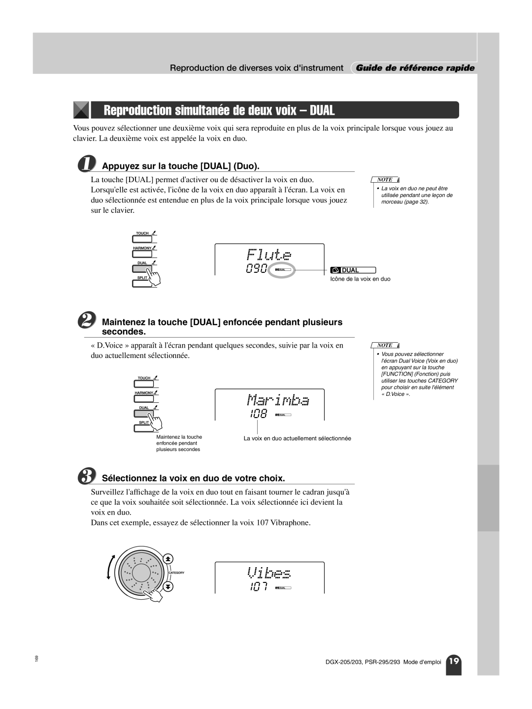 Yamaha PortableGrand DGX-203, PORTATONE PSR-293 Marimba, Vibes, Reproduction simultanée de deux voix Dual, 108, 107 