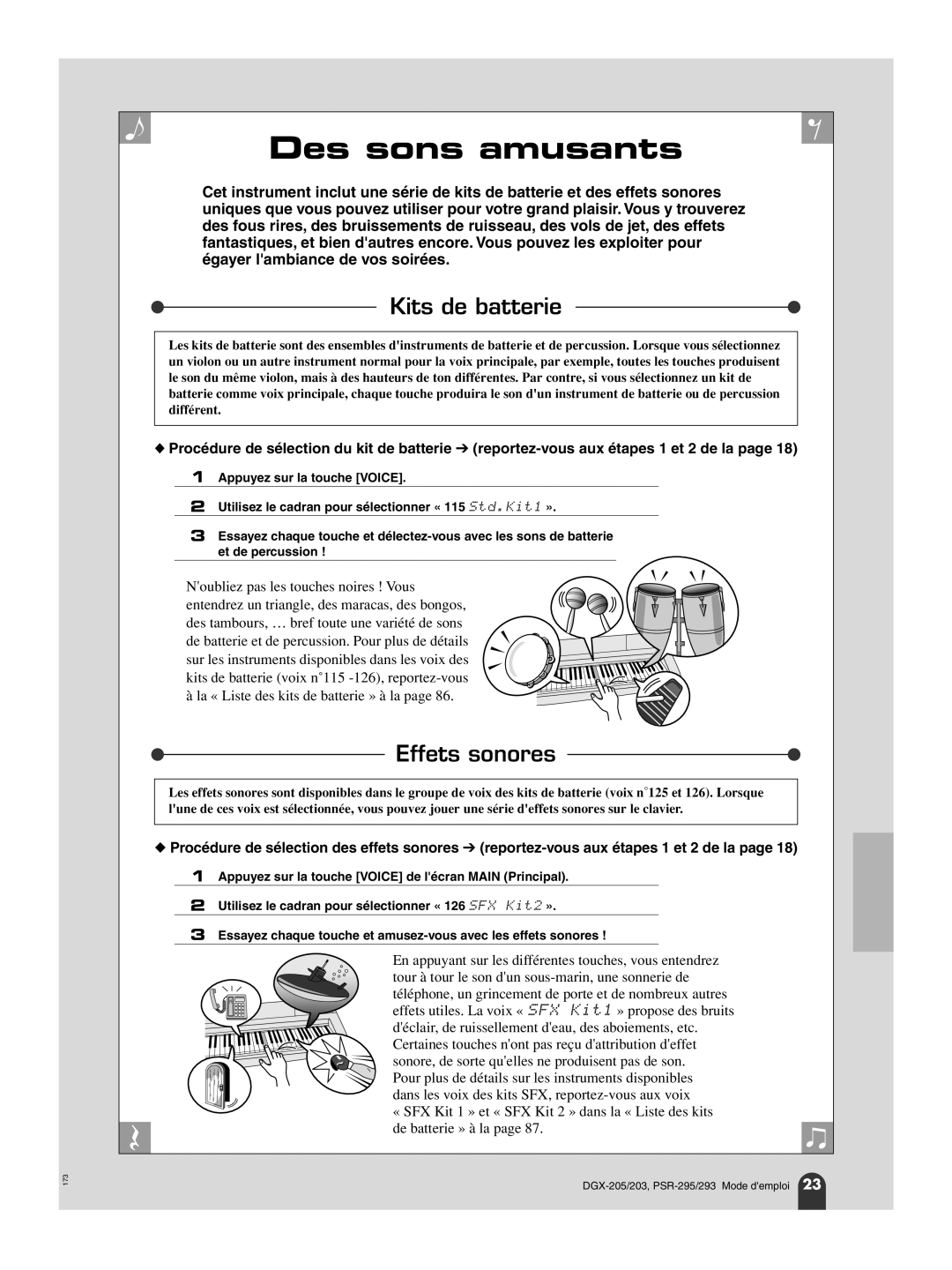 Yamaha PortableGrand DGX-203, PORTATONE PSR-293, PORTATONE PSR-295, PortableGrand DGX-205 owner manual Des sons amusants 