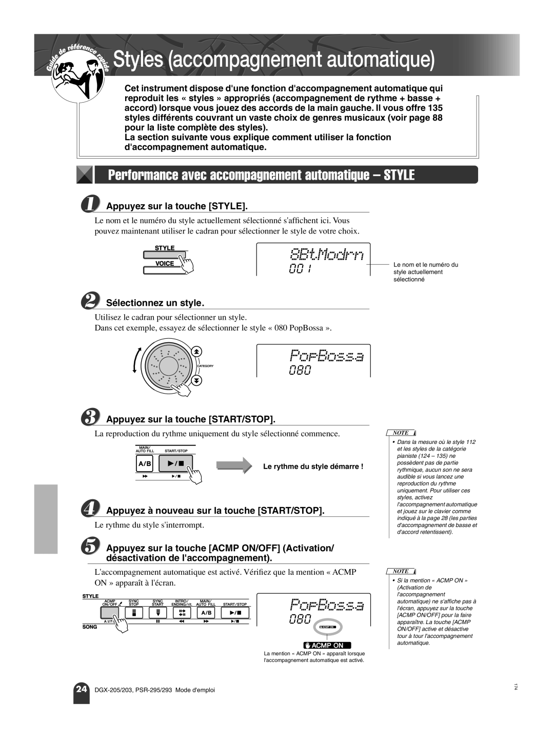 Yamaha PORTATONE PSR-293, PORTATONE PSR-295 PopBossa, 080, Sélectionnez un style, Appuyez sur la touche START/STOP 