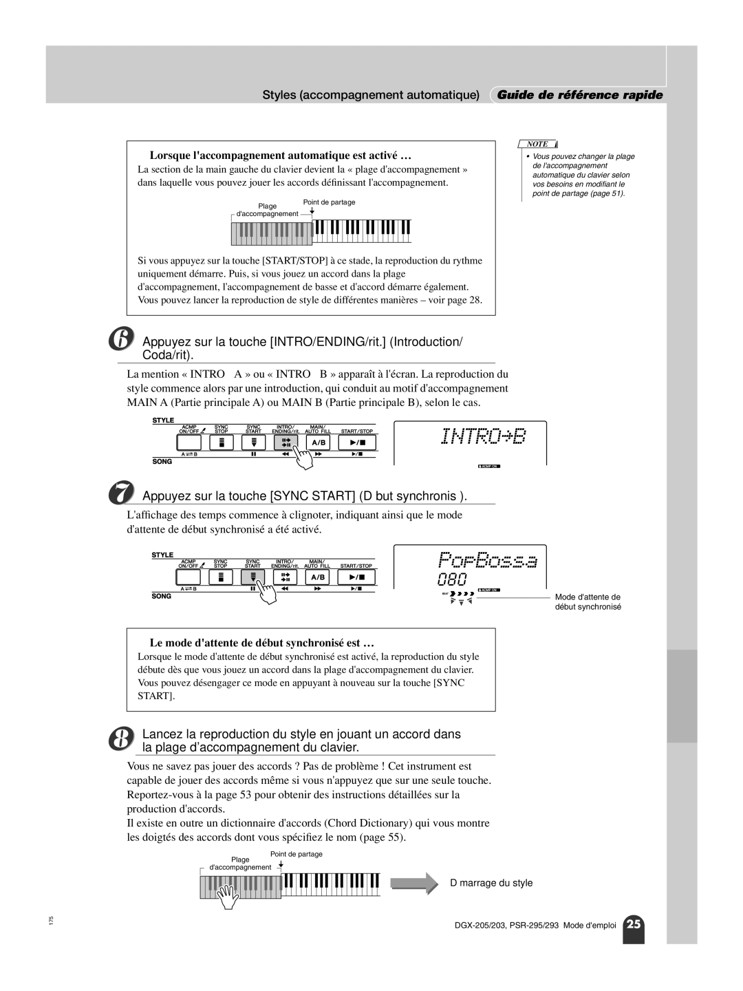 Yamaha PORTATONE PSR-295 Appuyez sur la touche Sync Start Début synchronisé, La plage daccompagnement du clavier 