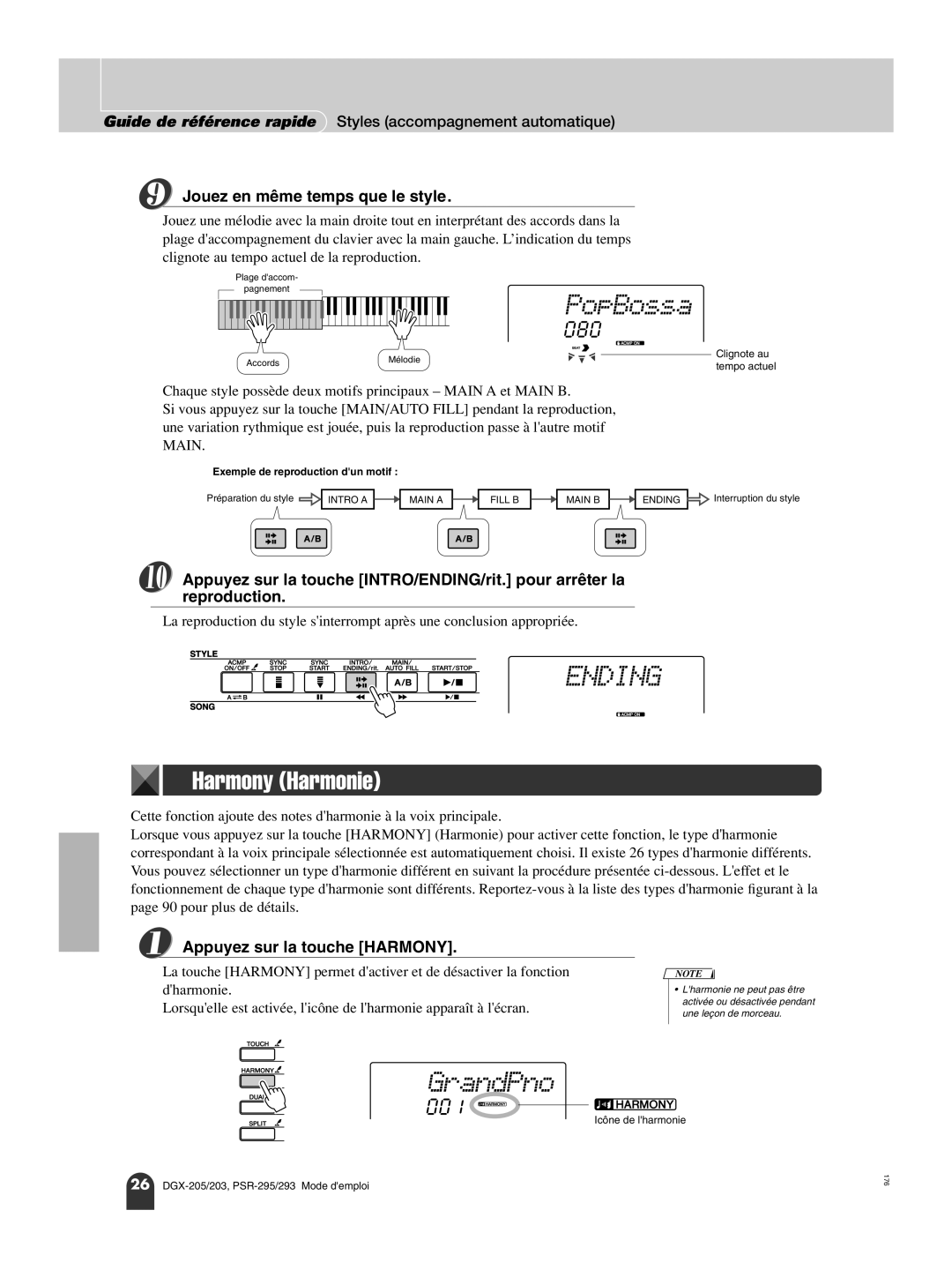 Yamaha PortableGrand DGX-205 owner manual Harmony Harmonie, Jouez en même temps que le style, Appuyez sur la touche Harmony 