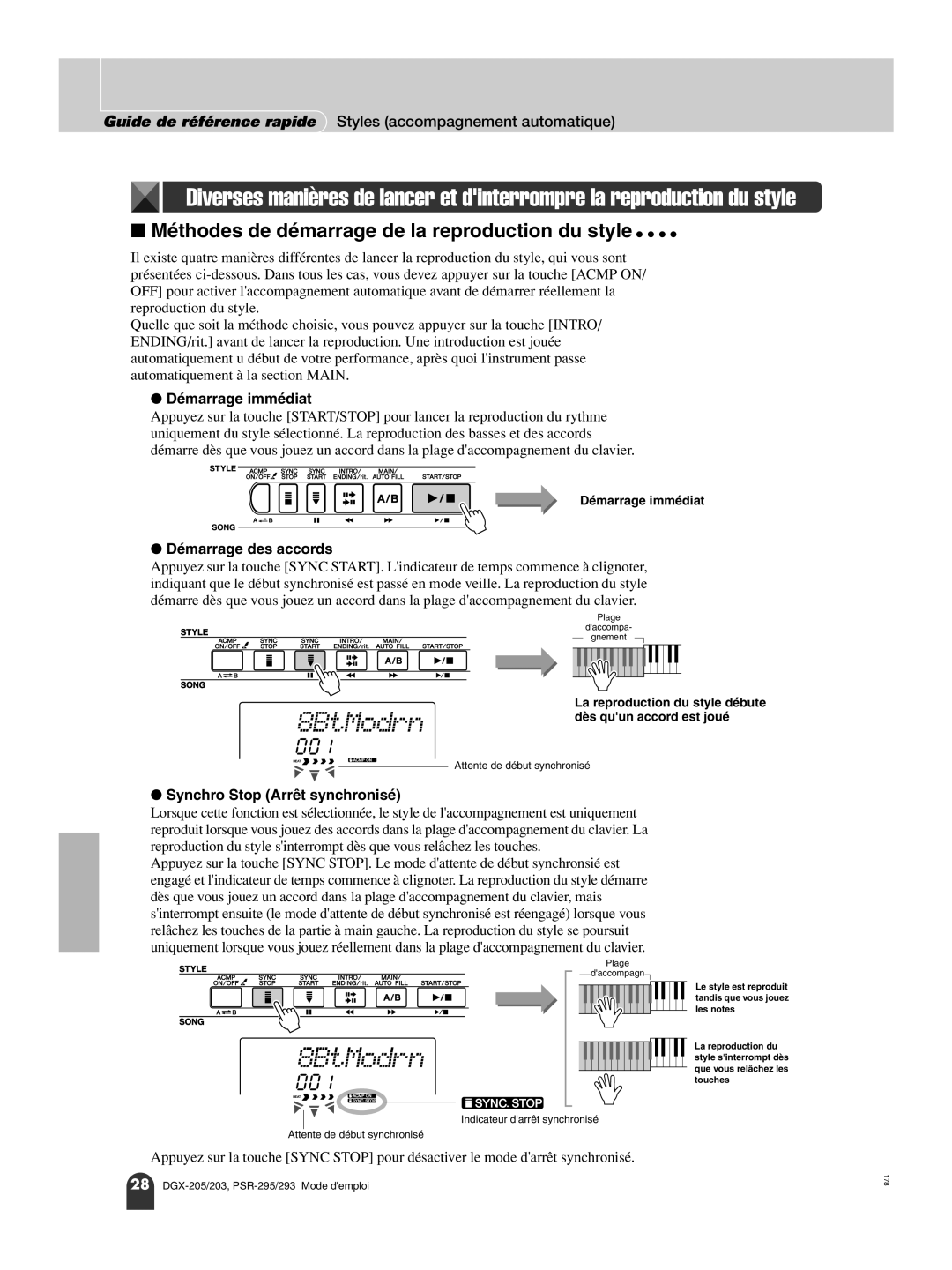 Yamaha PORTATONE PSR-293 owner manual 8BtModrn, Démarrage immédiat, Démarrage des accords, Synchro Stop Arrêt synchronisé 