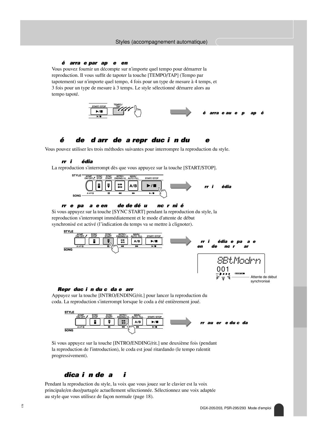 Yamaha PORTATONE PSR-295 Démarrage par tapotement, Arrêt immédiat, Arrêt et passage en mode de début synchronisé 