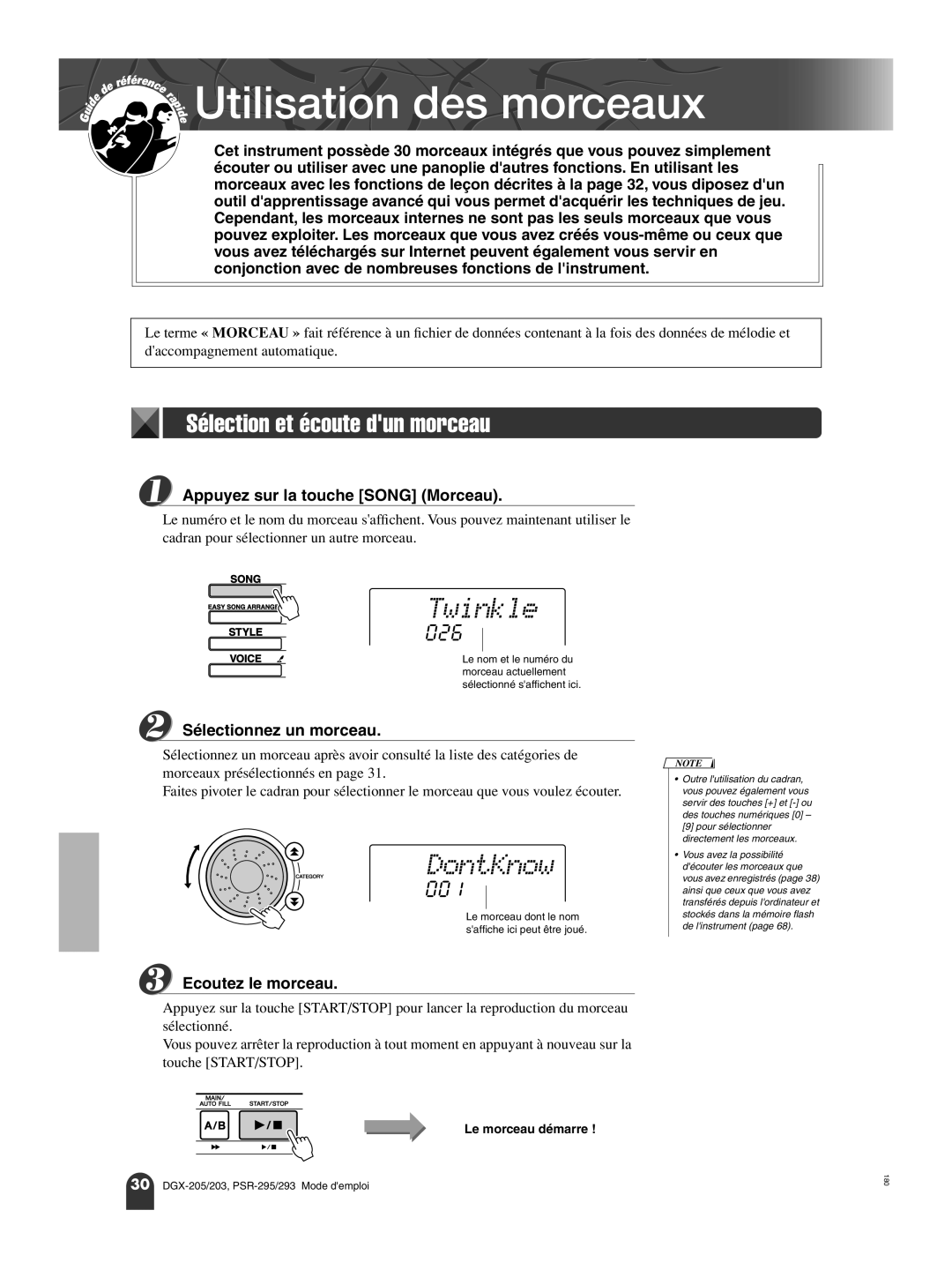 Yamaha PortableGrand DGX-205, PORTATONE PSR-293, PORTATONE PSR-295 owner manual Ecoutez le morceau, Utilisation des morceaux 
