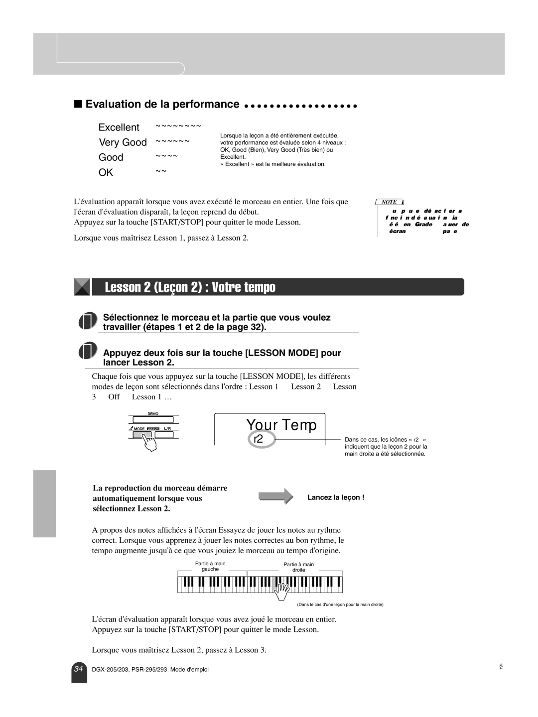 Yamaha PortableGrand DGX-205 owner manual YourTemp, Sélectionnez le morceau et la partie que vous voulez, Lancer Lesson 