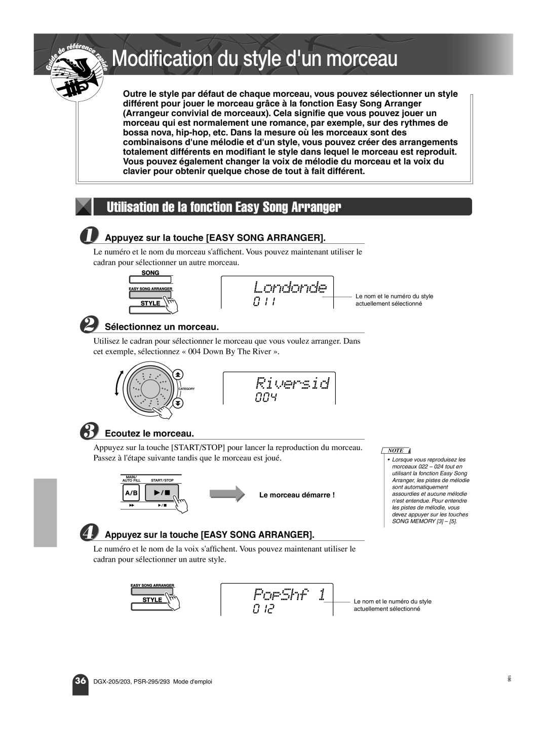 Yamaha PORTATONE PSR-293, PORTATONE PSR-295 Riversid, PopShf, 004, 012, Appuyez sur la touche Easy Song Arranger 