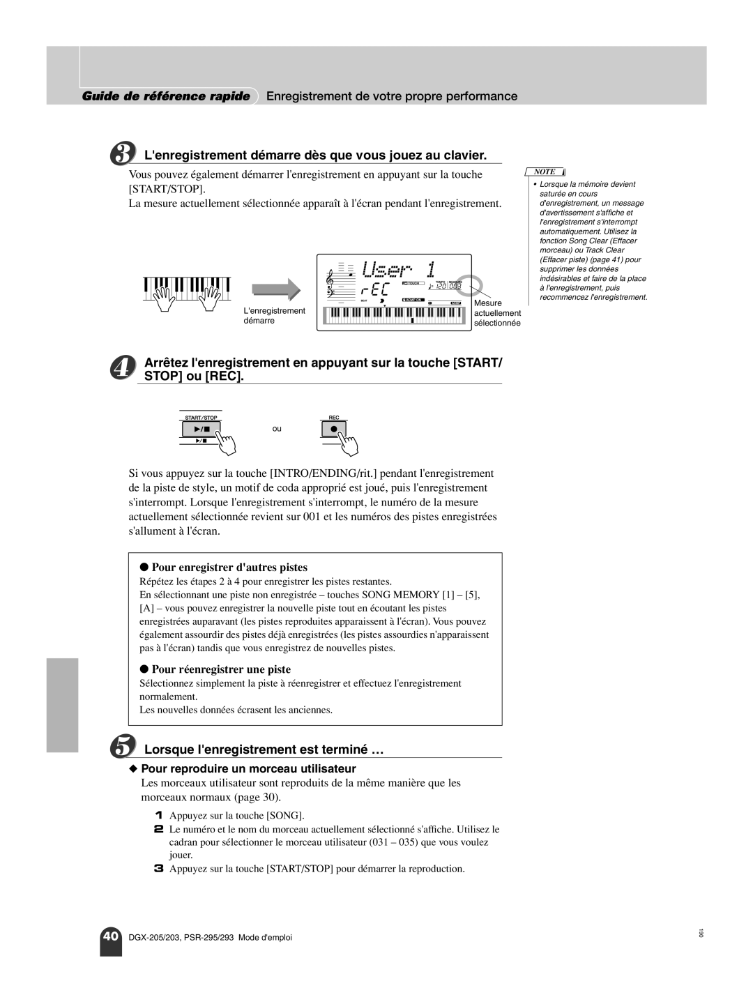 Yamaha PORTATONE PSR-293, PORTATONE PSR-295 owner manual Lenregistrement démarre dès que vous jouez au clavier, Stop ou REC 