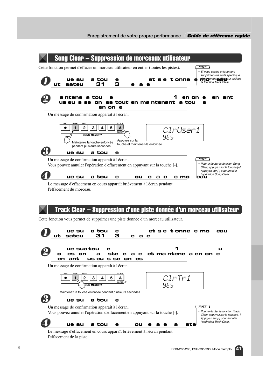 Yamaha PORTATONE PSR-295, PORTATONE PSR-293 owner manual ClrUser1, ClrTr1, Song Clear Suppression de morceaux utilisateur 