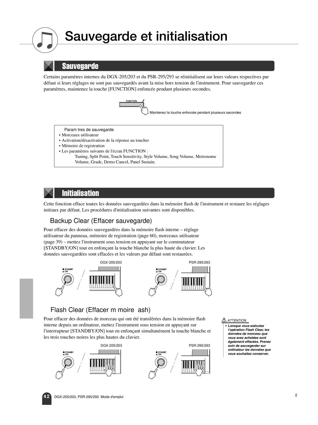 Yamaha PortableGrand DGX-205, PORTATONE PSR-293, PORTATONE PSR-295, PortableGrand DGX-203 Backup Clear Effacer sauvegarde 