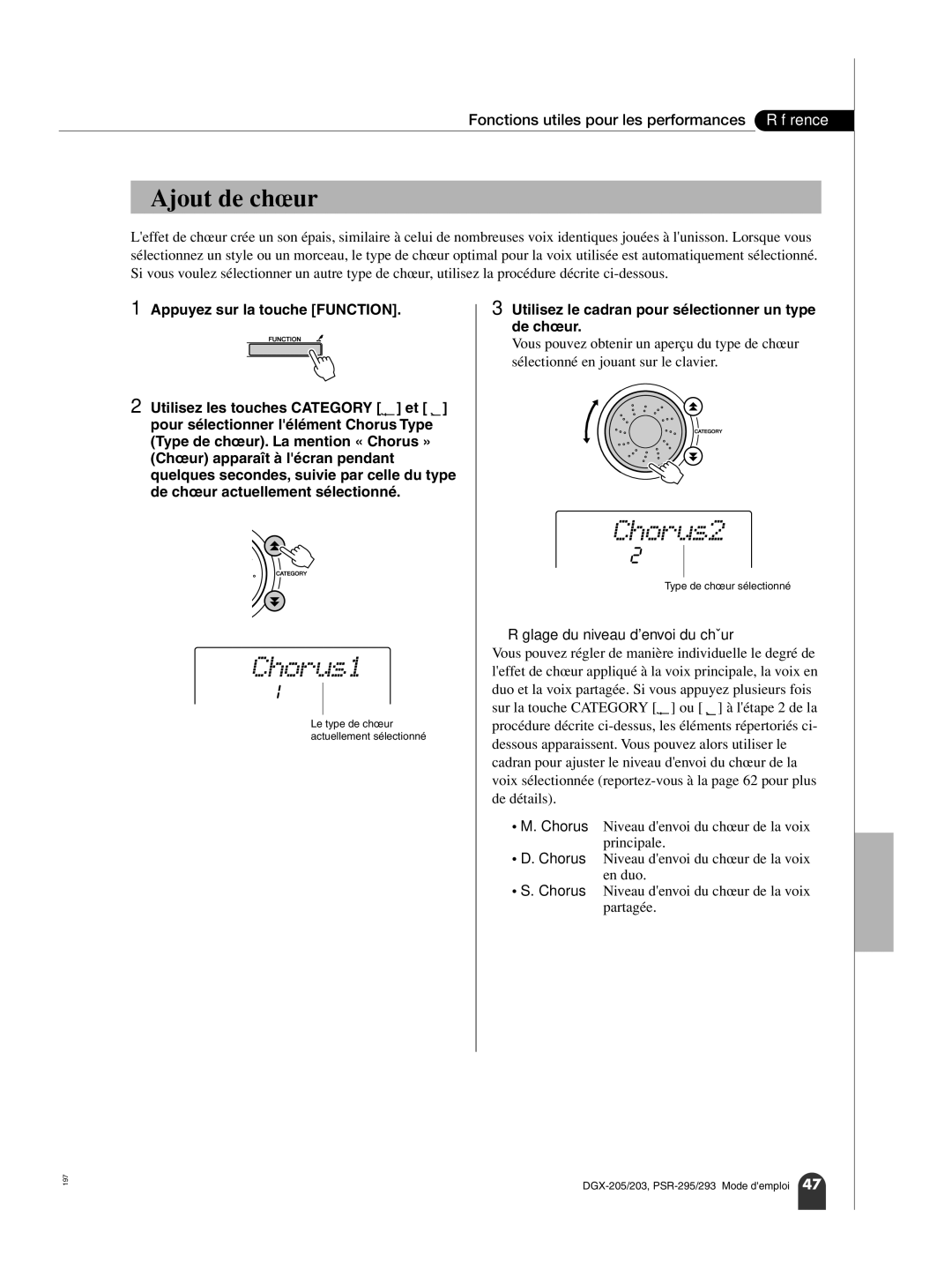 Yamaha PortableGrand DGX-203 Chorus1, Chorus2, Ajout de chœur, Utilisez le cadran pour sélectionner un type de chœur 