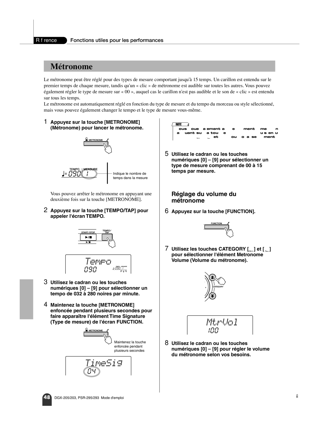 Yamaha PORTATONE PSR-293 owner manual TimeSig, MtrVol, Métronome, Appuyez sur la touche TEMPO/TAP pour appeler lécran Tempo 