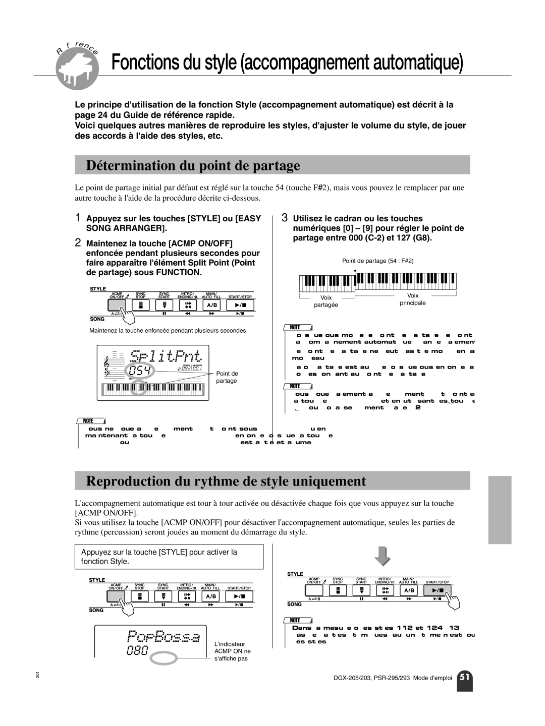Yamaha PortableGrand DGX-203 SplitPnt, Détermination du point de partage, Reproduction du rythme de style uniquement, 054 
