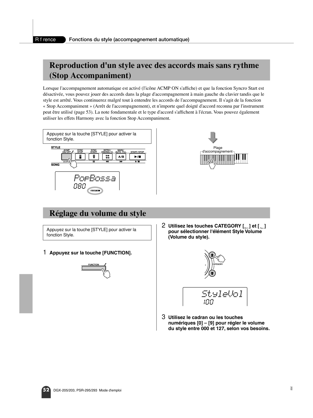 Yamaha PORTATONE PSR-293 owner manual Réglage du volume du style, Appuyez sur la touche Function, Plage daccompagnement 