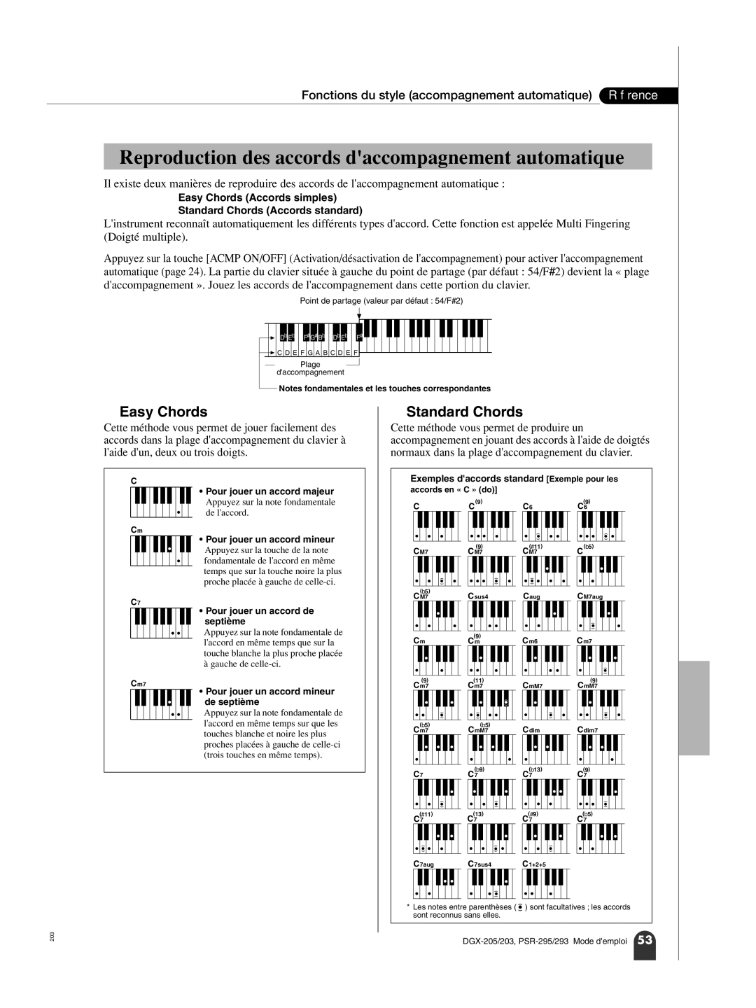 Yamaha PORTATONE PSR-295, PORTATONE PSR-293, PortableGrand DGX-205 Reproduction des accords daccompagnement automatique 