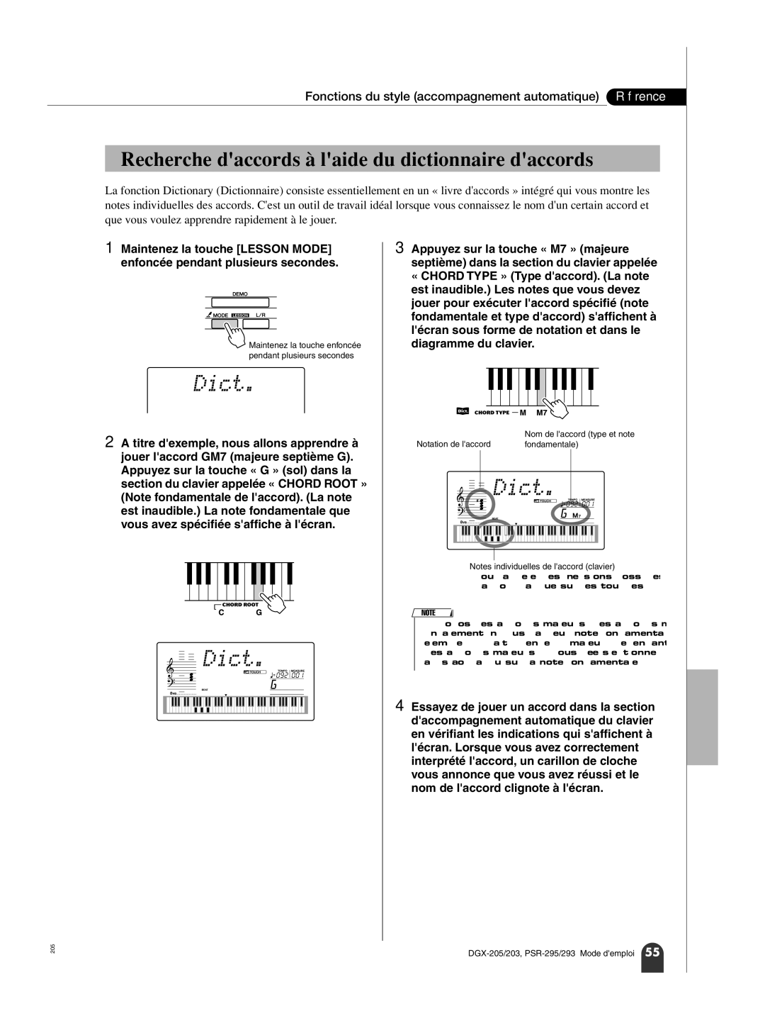 Yamaha PortableGrand DGX-203 Dict, Recherche daccords à laide du dictionnaire daccords, Notation de laccord Fondamentale 