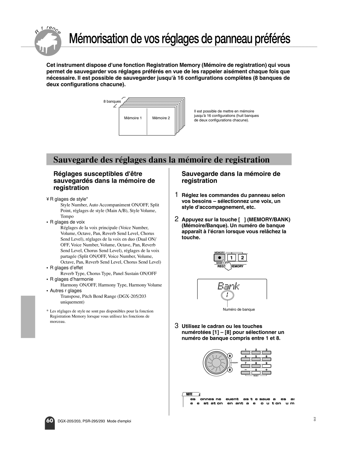 Yamaha PORTATONE PSR-293 Bank, Sauvegarde des réglages dans la mémoire de registration, Banques Mémoire, Numéro de banque 