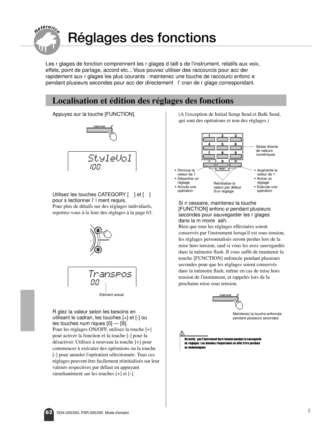 Yamaha PortableGrand DGX-205, PORTATONE PSR-293, PORTATONE PSR-295 Localisation et édition des réglages des fonctions 