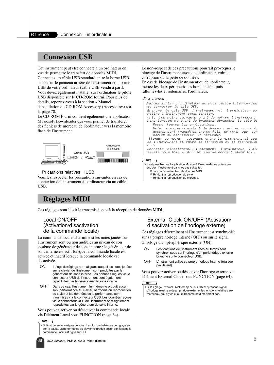 Yamaha PortableGrand DGX-205, PORTATONE PSR-293 Connexion USB, Réglages Midi, Précautions relatives à lUSB, Câble USB 