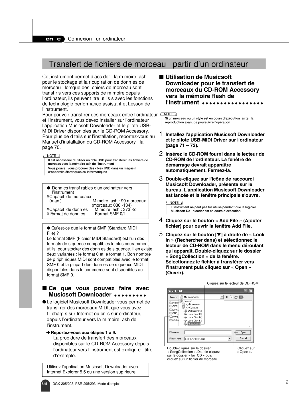 Yamaha PORTATONE PSR-293, PORTATONE PSR-295, PortableGrand DGX-205 Transfert de fichiers de morceau à partir dun ordinateur 