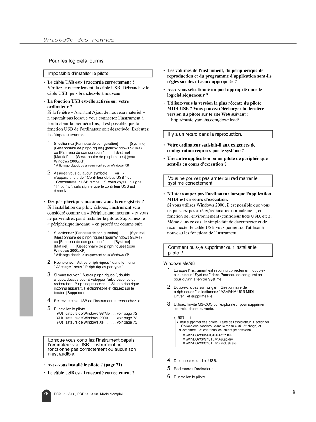 Yamaha PORTATONE PSR-293, PORTATONE PSR-295 Pour les logiciels fournis, Impossible dinstaller le pilote, Windows 2000/XP 