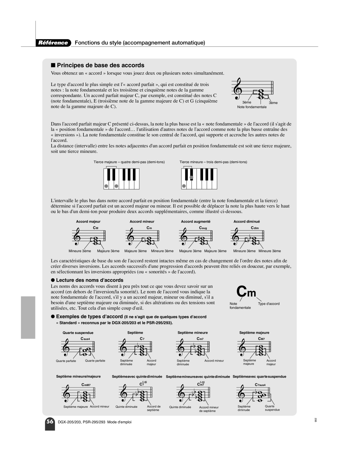 Yamaha PORTATONE PSR-293 Principes de base des accords, Référence Fonctions du style accompagnement automatique 