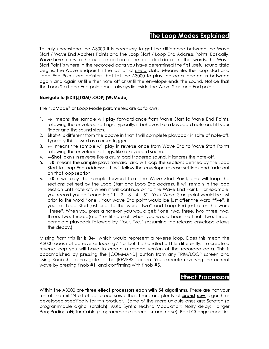 Yamaha Professional Sampler, A3000 manual Loop Modes Explained, Effect Processors, Navigate to EDITTRIM/LOOPWvMode 