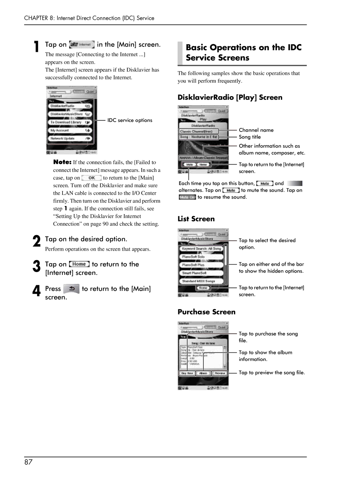 Yamaha PRO/Mark IV Basic Operations on the IDC Service Screens, DisklavierRadio Play Screen, List Screen, Purchase Screen 