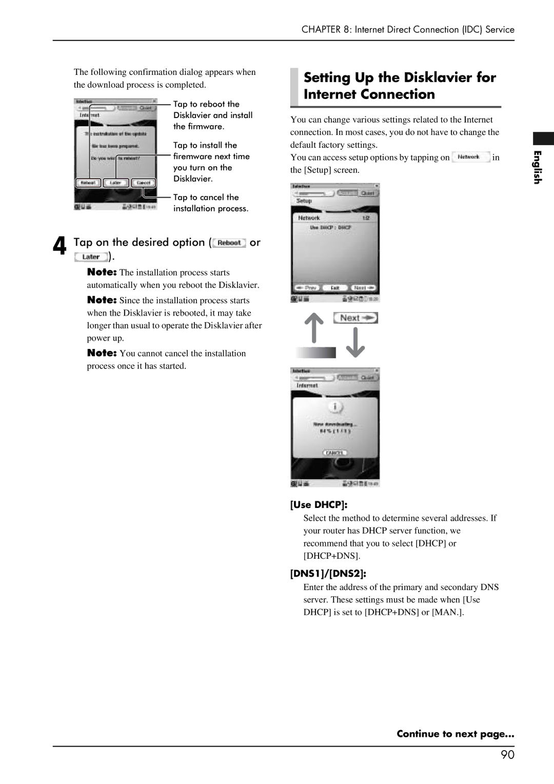 Yamaha PRO/Mark IV manual Setting Up the Disklavier for Internet Connection, Tap on the desired option or, English Use Dhcp 