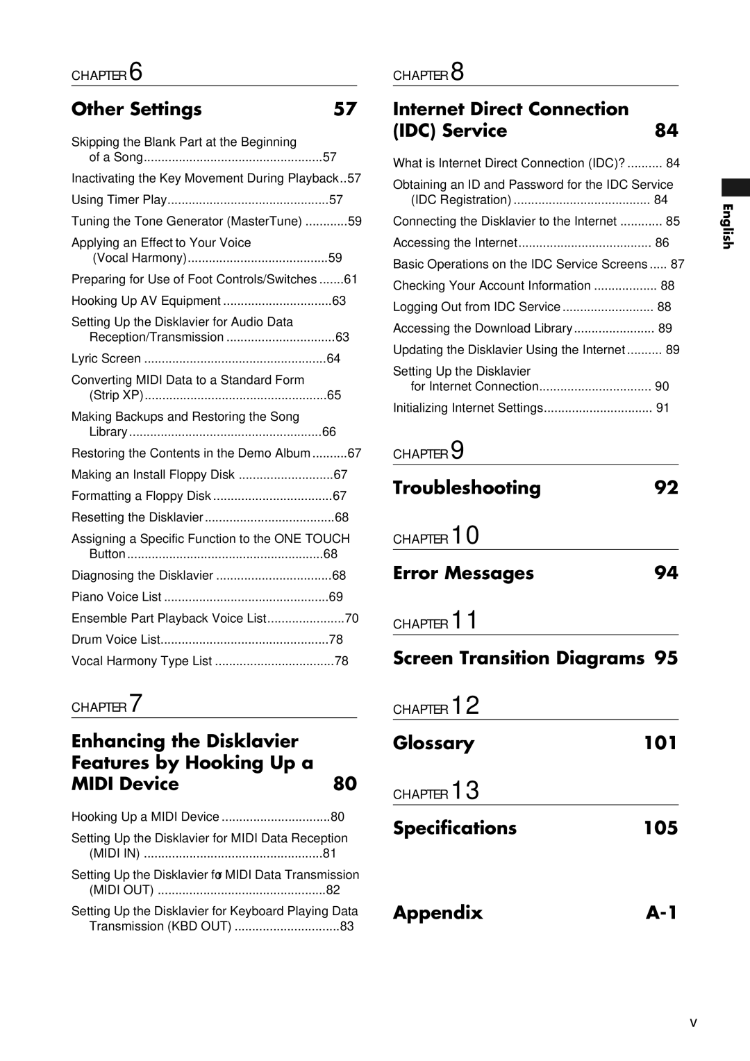 Yamaha PRO/Mark IV Other Settings, Internet Direct Connection IDC Service, Troubleshooting, Error Messages, Glossary101 