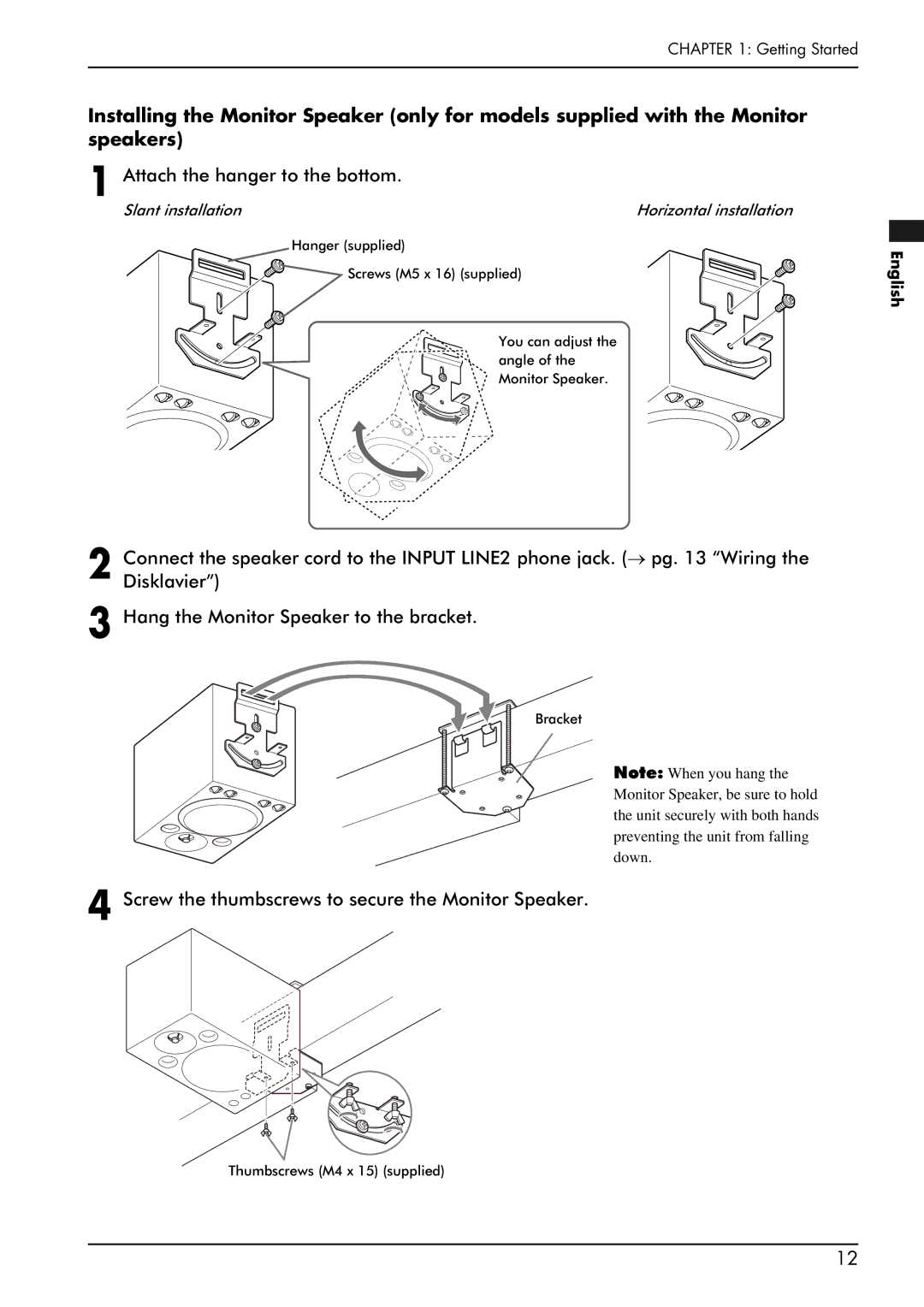 Yamaha PRO/Mark IV manual Attach the hanger to the bottom, Screw the thumbscrews to secure the Monitor Speaker 