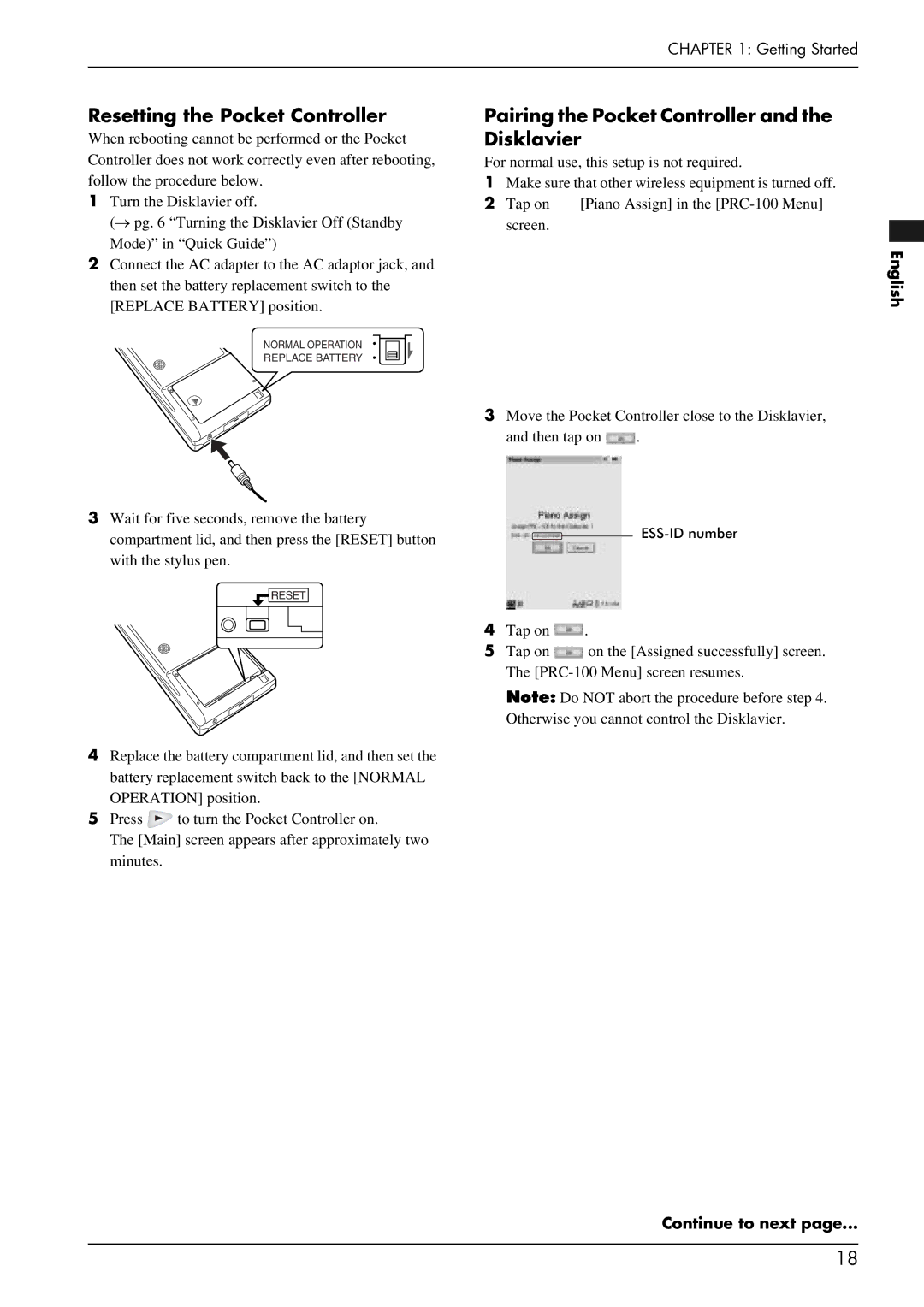 Yamaha PRO/Mark IV manual Resetting the Pocket Controller, Pairing the Pocket Controller and the Disklavier 