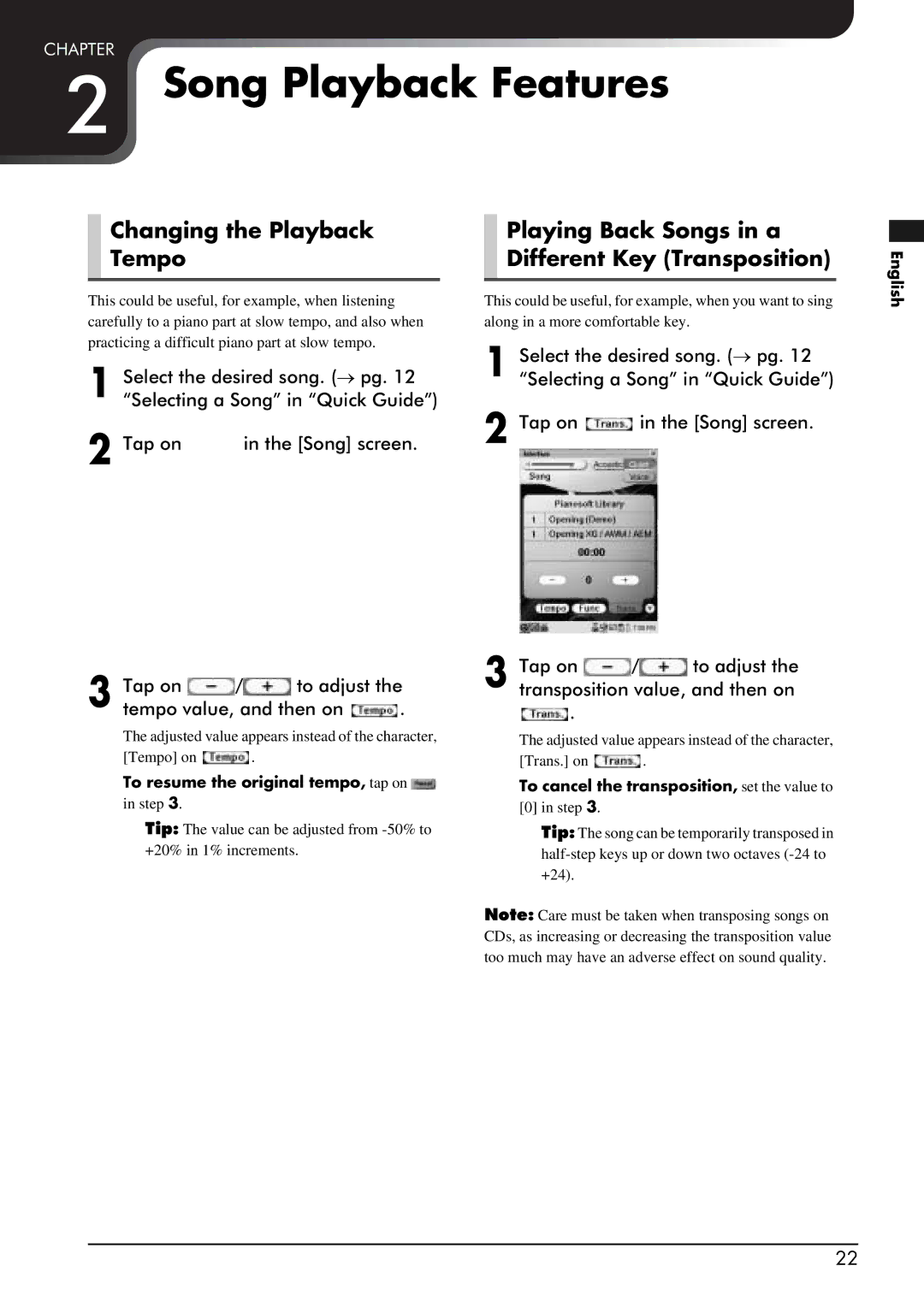 Yamaha PRO/Mark IV manual Song Playback Features, Changing the Playback Tempo, To resume the original tempo, tap on 