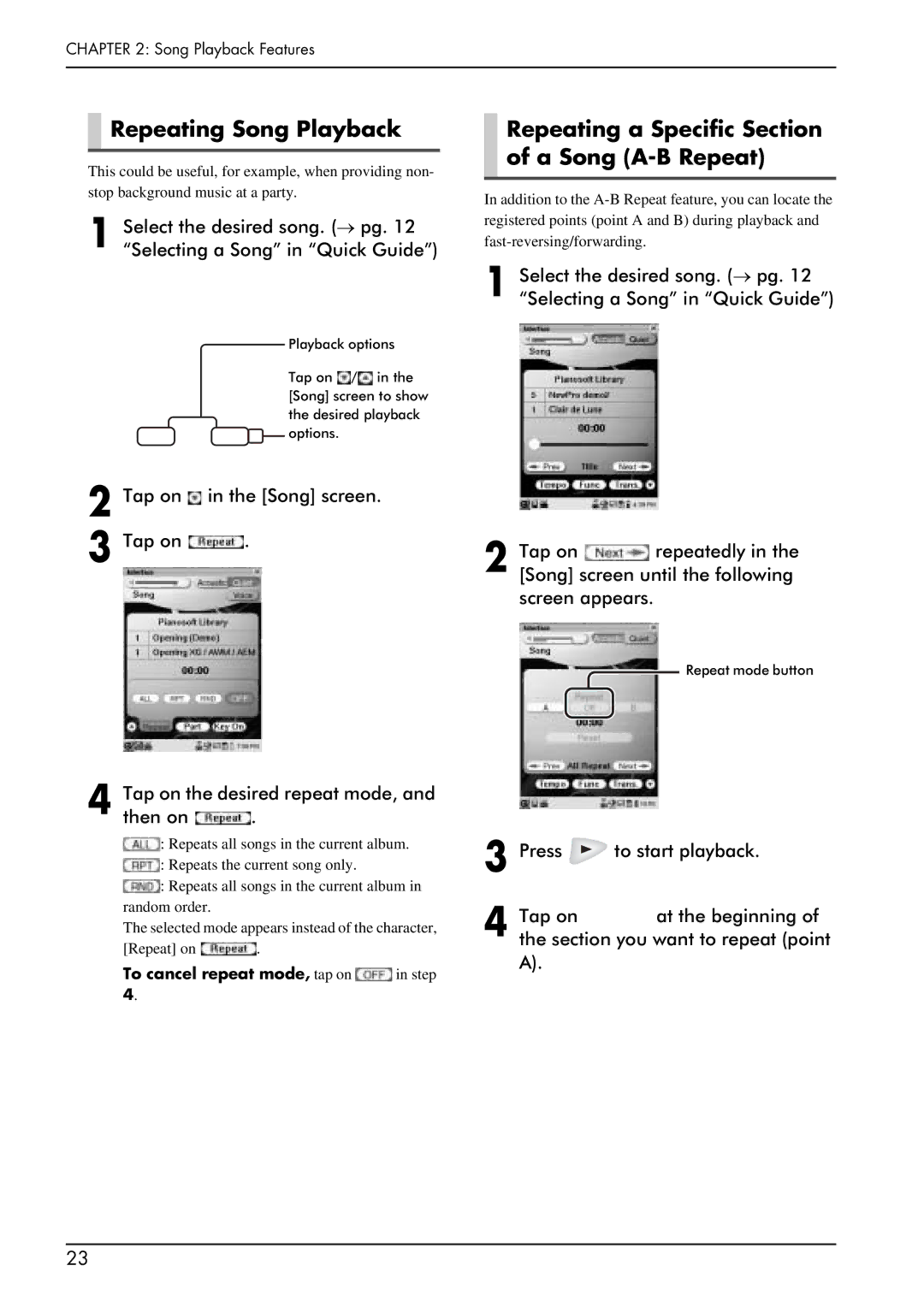 Yamaha PRO/Mark IV manual Repeating Song Playback, Repeating a Specific Section of a Song A-B Repeat 