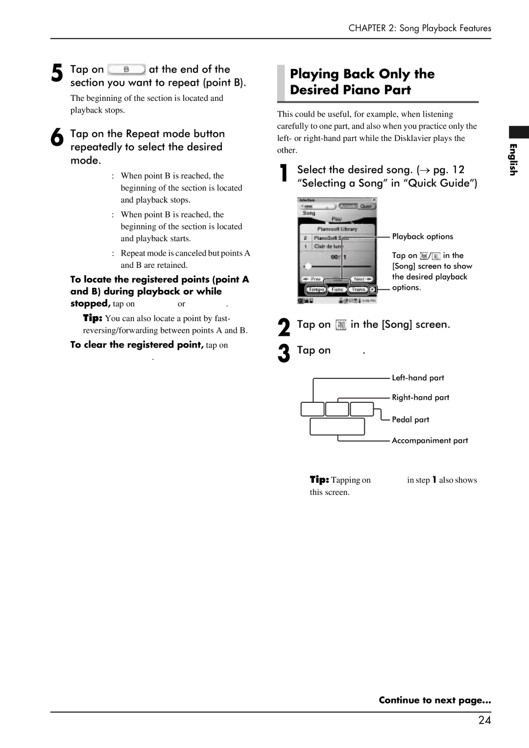 Yamaha PRO/Mark IV manual Playing Back Only Desired Piano Part, Tap on at the end of the section you want to repeat point B 