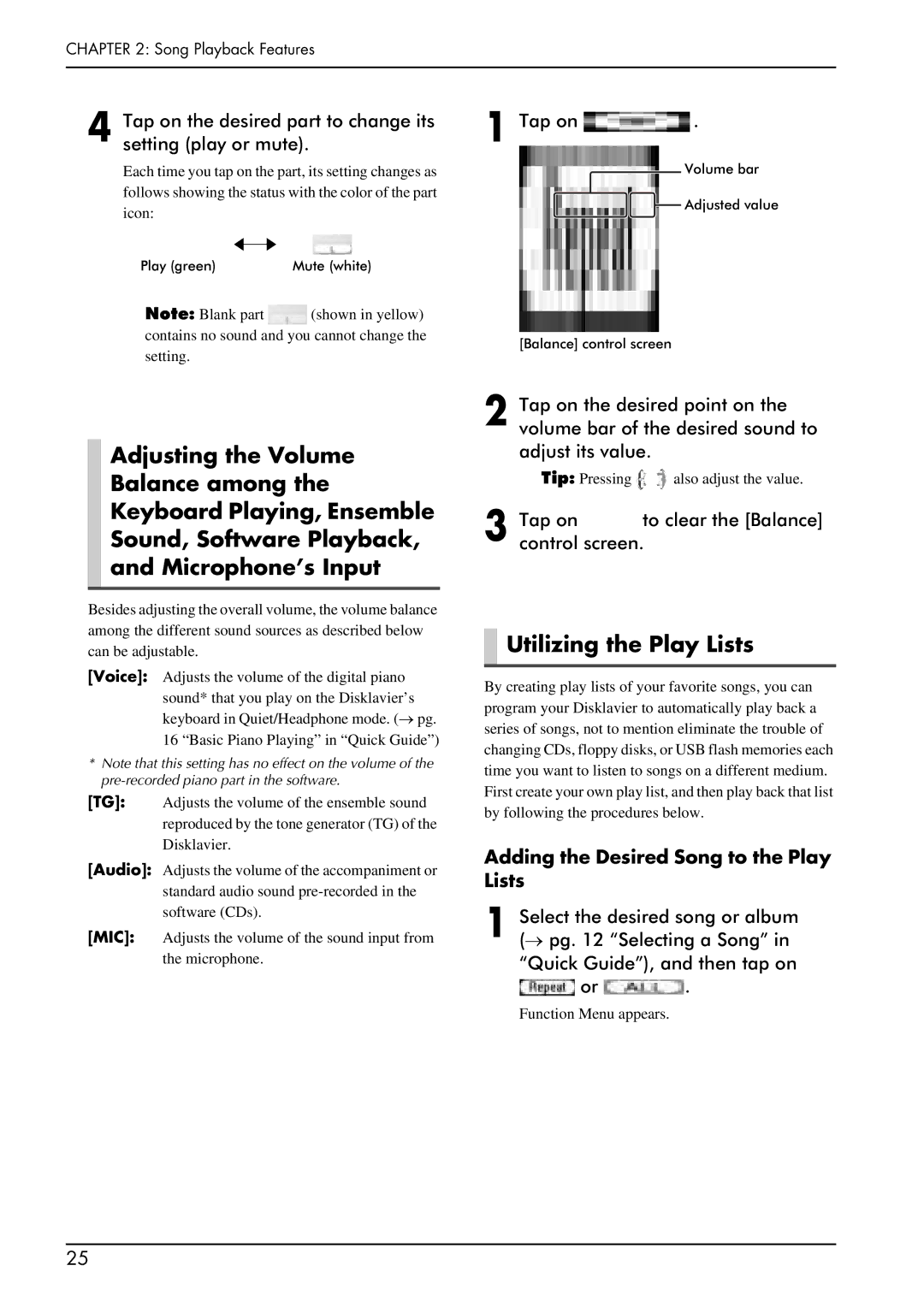 Yamaha PRO/Mark IV manual Utilizing the Play Lists, Tap on the desired part to change its setting play or mute 