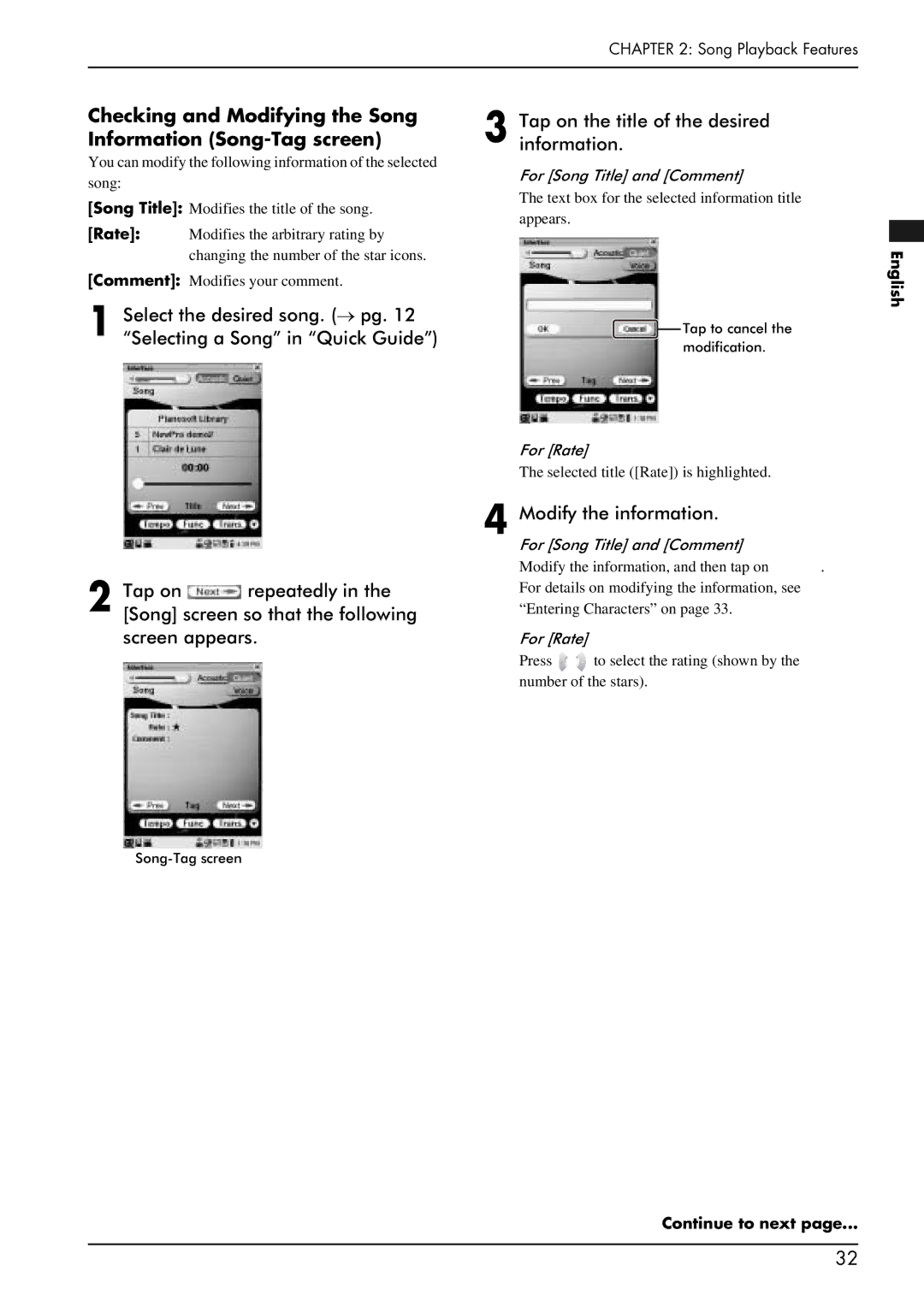 Yamaha PRO/Mark IV manual Checking and Modifying the Song Information Song-Tag screen, Modify the information 