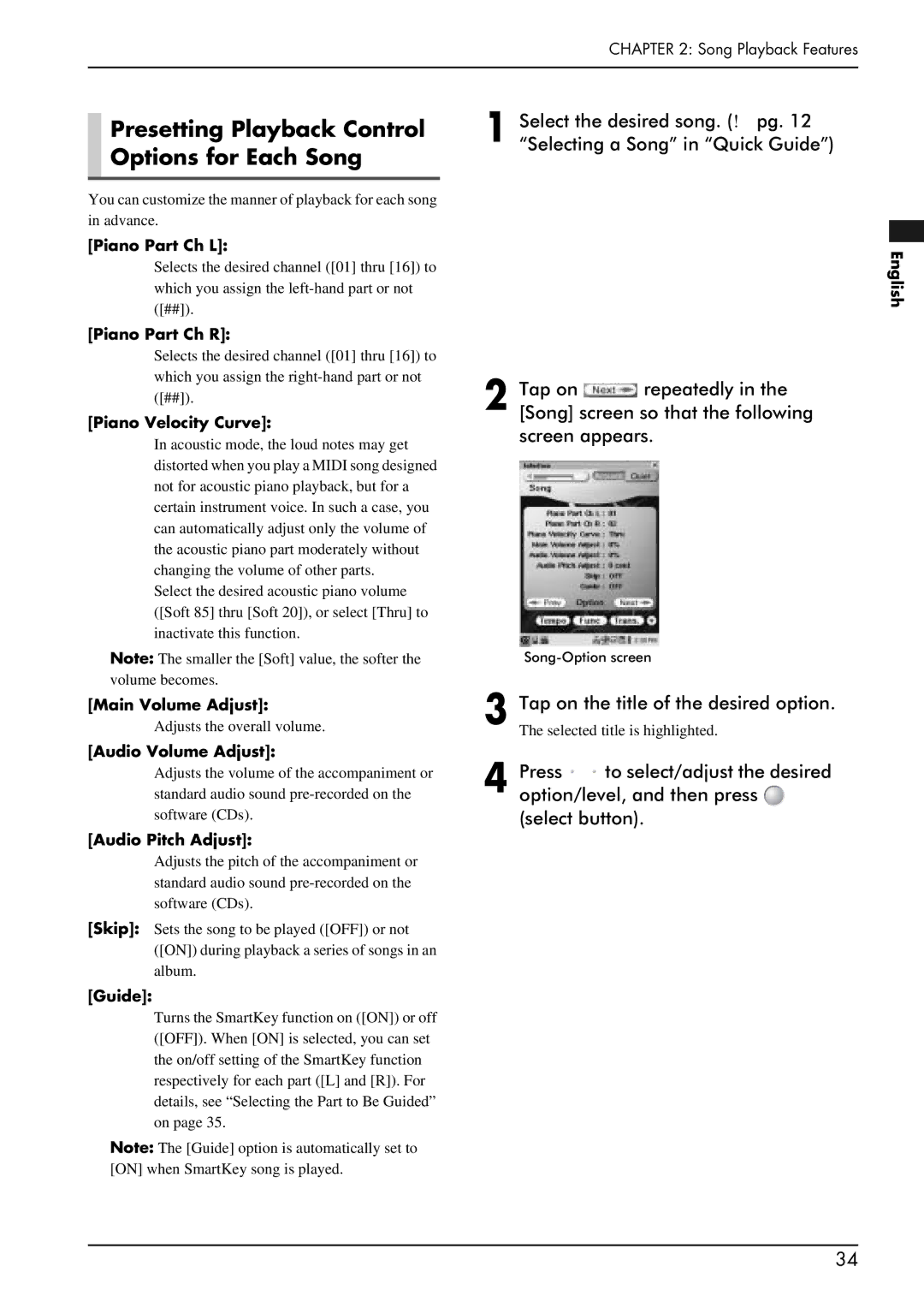 Yamaha PRO/Mark IV manual Presetting Playback Control Options for Each Song, Tap on the title of the desired option 