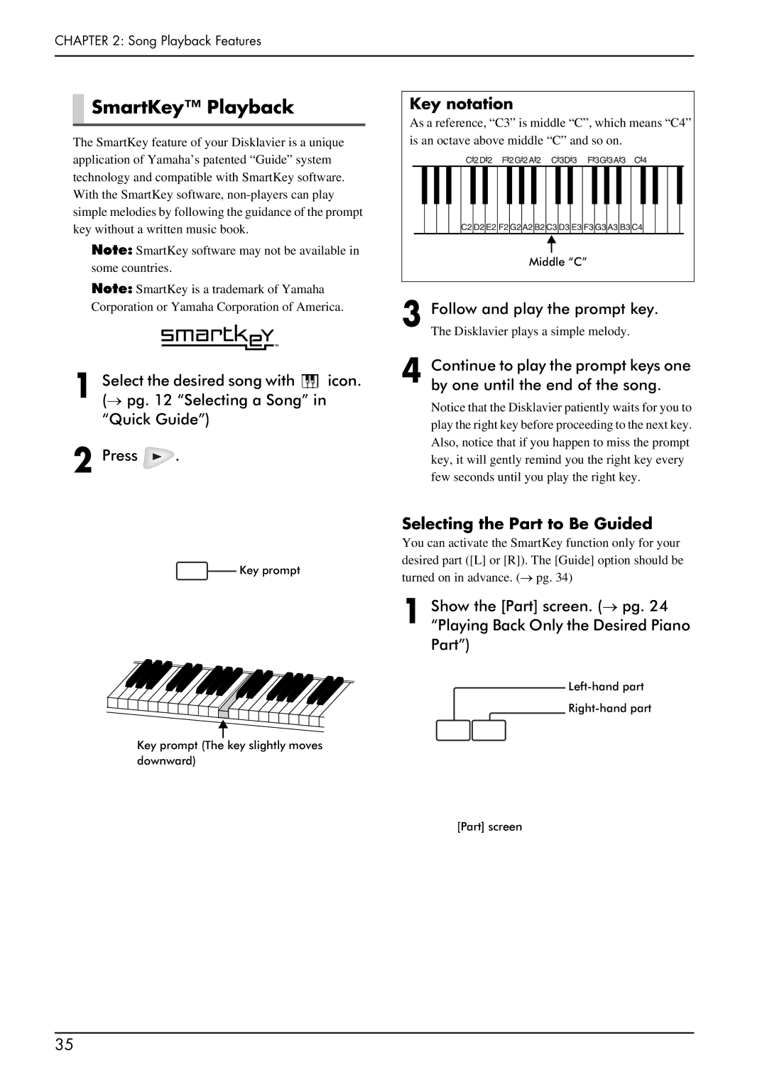 Yamaha PRO/Mark IV manual SmartKey Playback, Key notation, Follow and play the prompt key, Selecting the Part to Be Guided 