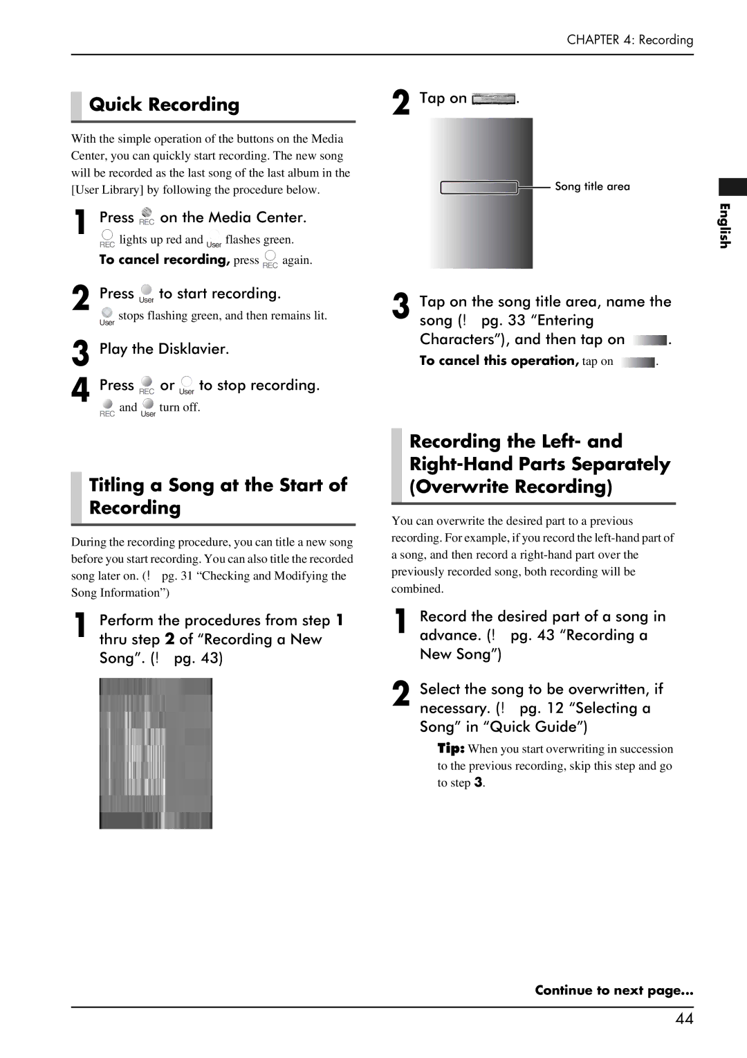 Yamaha PRO/Mark IV manual Quick Recording, Titling a Song at the Start of Recording, Press REC on the Media Center 