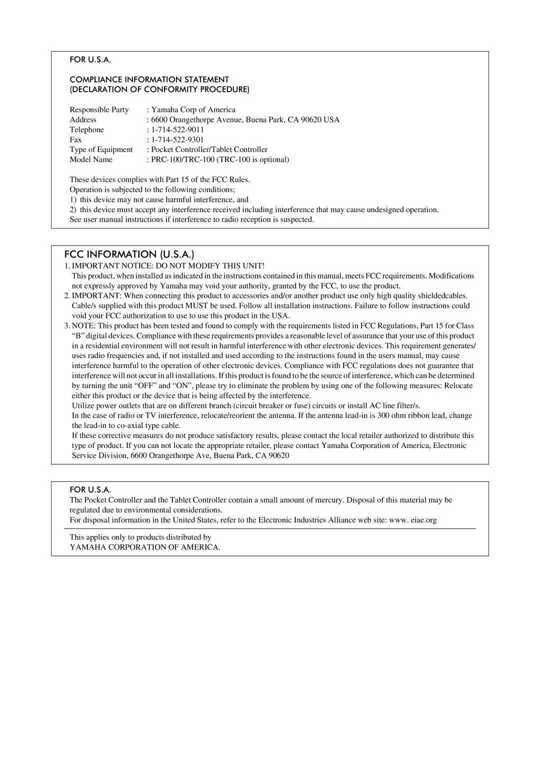 Yamaha PRO/Mark IV manual FCC Information U.S.A 