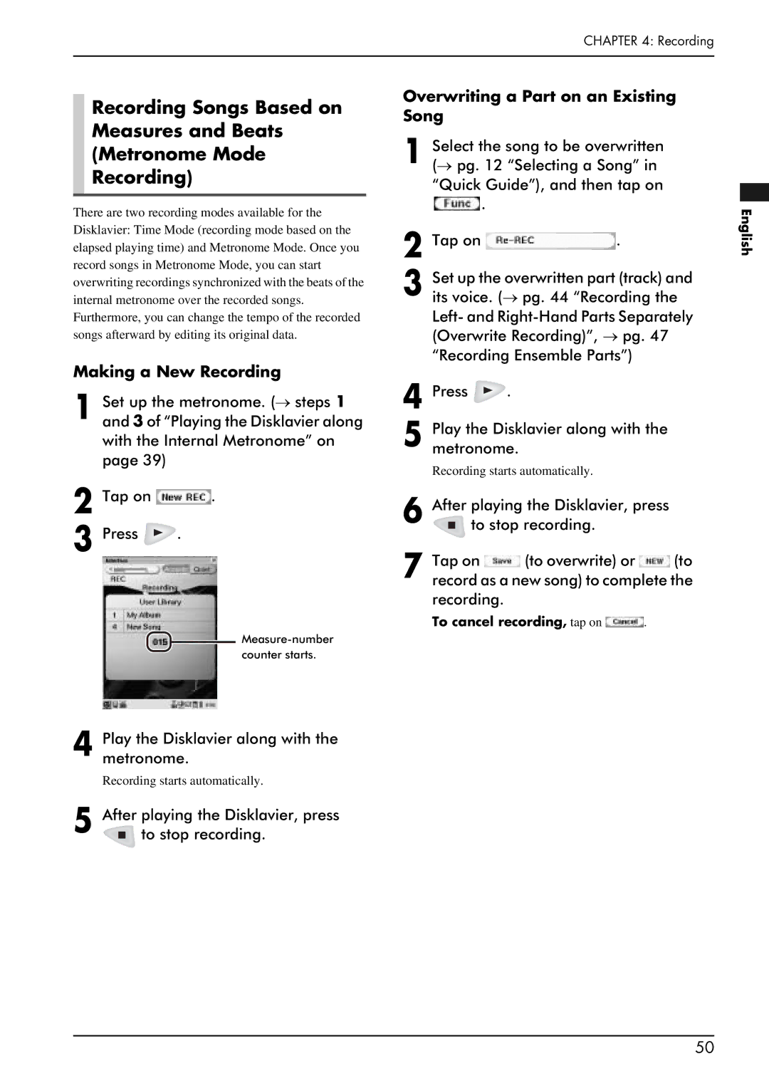 Yamaha PRO/Mark IV Making a New Recording, Overwriting a Part on an Existing Song, To cancel recording, tap on English 