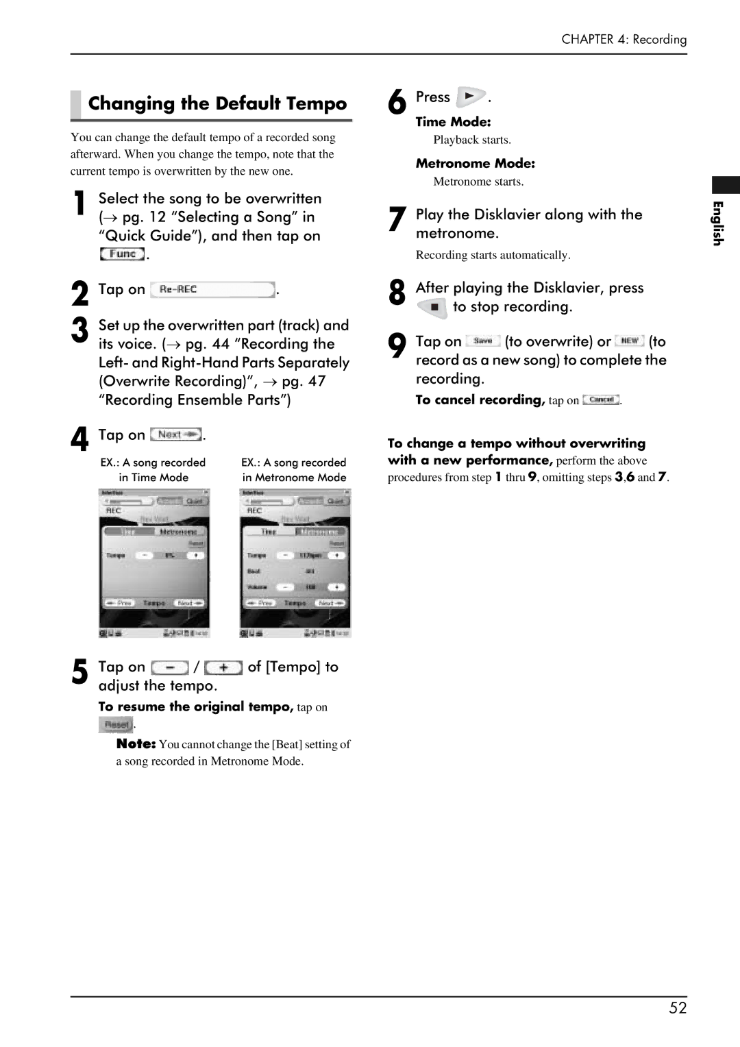 Yamaha PRO/Mark IV manual Changing the Default Tempo, Tap on / of Tempo to adjust the tempo, Time Mode, Metronome Mode 