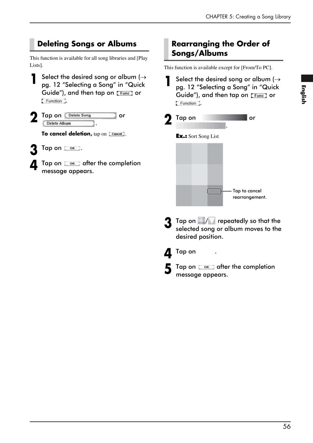 Yamaha PRO/Mark IV manual Deleting Songs or Albums Rearranging the Order Songs/Albums, To cancel deletion, tap on 