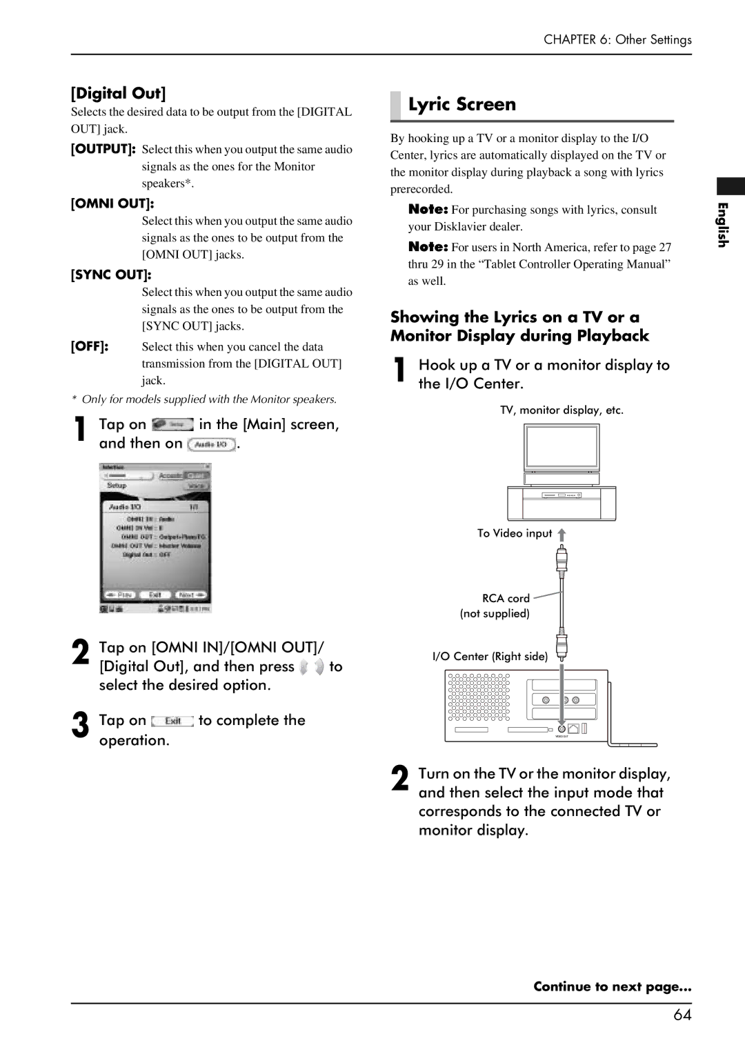 Yamaha PRO/Mark IV manual Lyric Screen, Digital Out, Hook up a TV or a monitor display to the I/O Center 