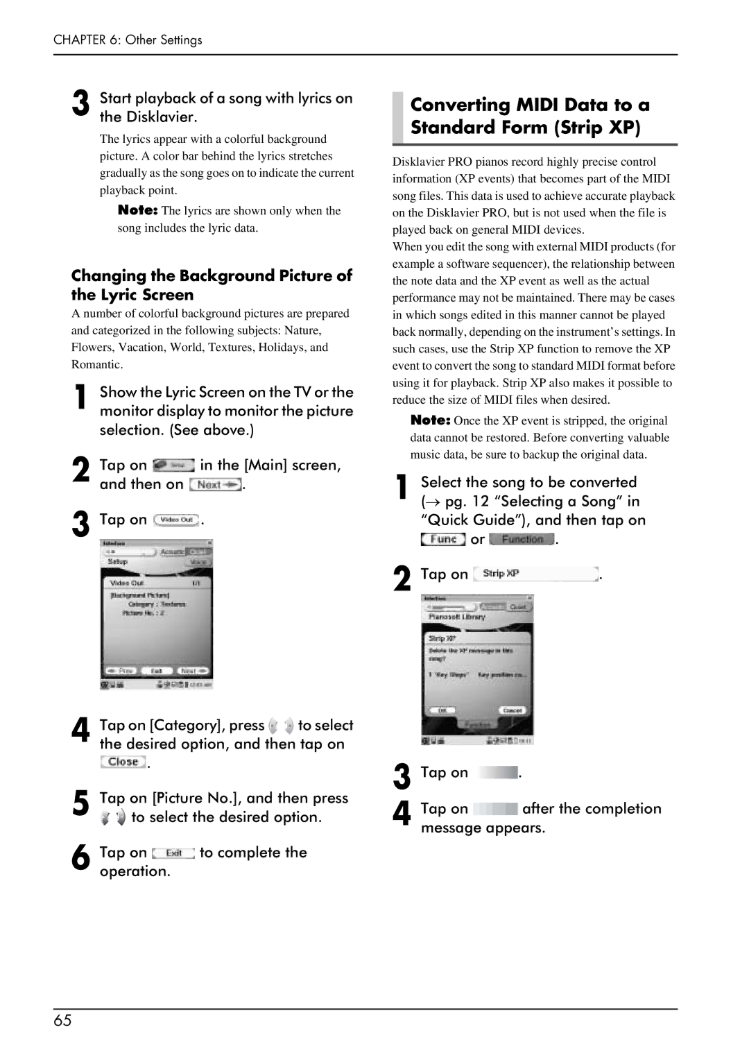 Yamaha PRO/Mark IV Converting Midi Data to a Standard Form Strip XP, Changing the Background Picture of the Lyric Screen 