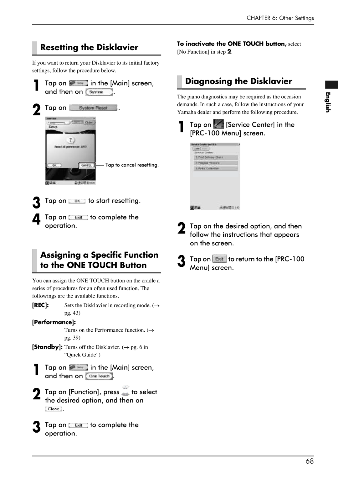 Yamaha PRO/Mark IV manual Resetting the Disklavier, Assigning a Specific Function to the ONE Touch Button 